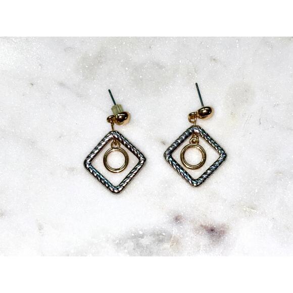 Textured Silver and Gold Tone   Square Circle Dangle Drop Earrings - Picture 4 of 5